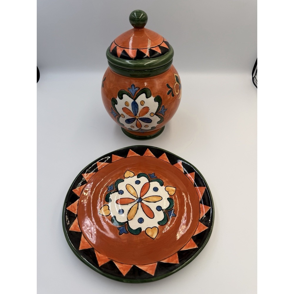 Set of 2 Maxcera Mexicana handpainted hand made Plate and Jar